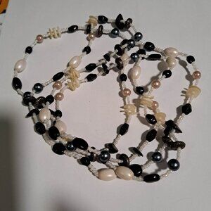 white black pearly beaded long necklace